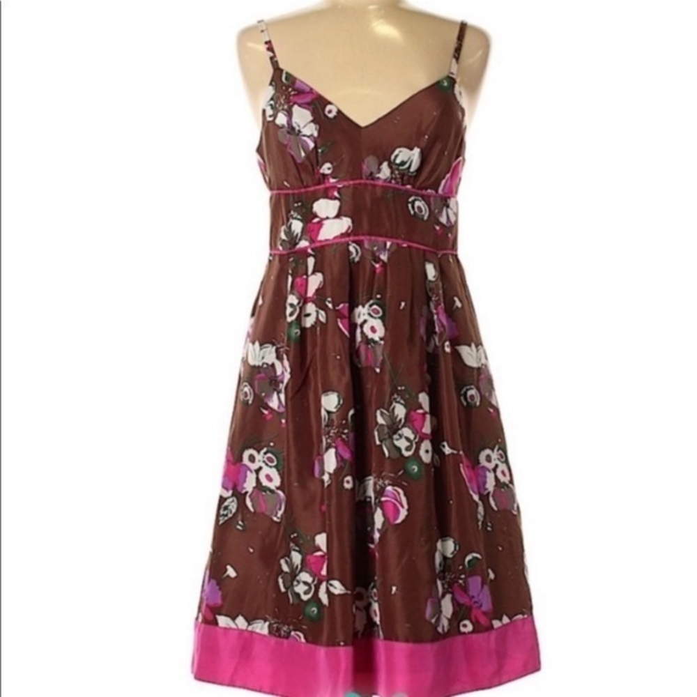 Guess 9 100% silk brown floral v neck retro full skirt formal party y2K dress